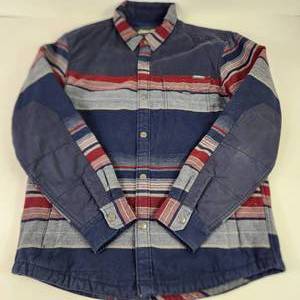 Mens Eddie Bauer Flannel Lined Light JacketShirt Size Medium Blue Red Pocket Elbow Patch