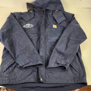 Mens Carhart Jacket With Hood Blue Zipper And Snaps Pockets Size Medium