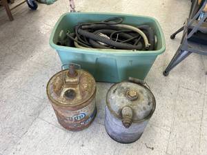 lot 93 image: Metal Fuel Cans & Tote of Hose