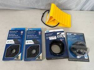 New RV  Camper Dump Hose Fittings, Bumper Caps, Wheel Chock