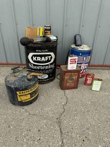 Vintage Gas can with Vintage Tins and more