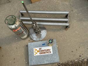 Vintage Items Water Steam Tank, Roller Stand, Oil Can, Wall Desk, Hose Clamps