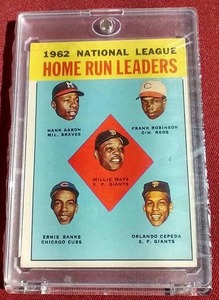 lot 69 image: 1963 Topps Leaders Card - Mays, Aaron, Robinson, Banks