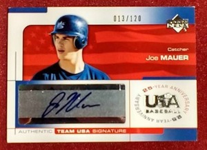 lot 201 image: 2004 Upper Deck Team USA Joe Mauer Autograph Card - #d120