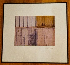 lot 138 image: Framed Abstract Artwork,  Wooden Slabs with Purple, Orange and Pink
