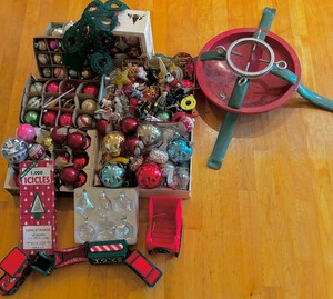 lot 122 image: Christmas Galore and More with Tree Stand, New and Vintage Ornaments, Train and Woven Tree