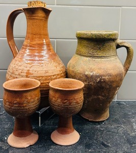lot 30 image: Vintage Earthenware Redware Pottery Including Two Pitchers and Two Goblets