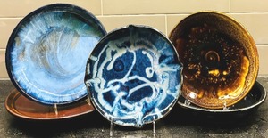lot 33 image: Artisan Crafted Pottery Dishes in Hues of Blue, Brown and More