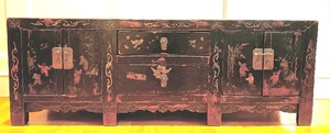 lot 21 image: Vintage Chinese Distressed Cabinet Hand Painting Brown, Gold and Reds