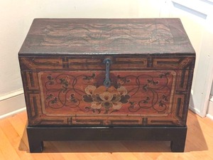lot 15 image: Floral Painted Wood Storage Chest and Stand