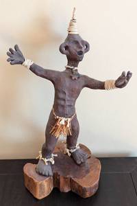lot 52 image: Stoneware Tribal Sculpture with Wood Base