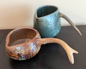 lot 51 image: Pair of Antler Handled Artisan Crafted Pottery Pitchers