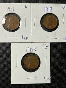 3 US WHEAT CENTS 1909 1913 1919-D