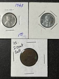 2 US STEEL CENTS WITH 2 CENT PIECE