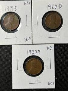 3 US WHEAT CENTS 1919-S 1920D-S