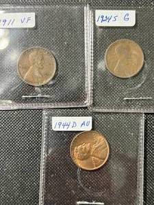 3 US WHEAT CENTS 1911 1924S 1944D