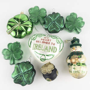 lot 48 image: Group of Nine Irish Themed Ornaments (Shamrocks are likely Midwest of Cannon Falls)Ornament