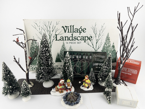 lot 78 image: Partial DEPARTMENT 56 Village Landscape 14 piece Boxed Set (10 of 14 are in set), four other pieces, Brite Lites adapter and a Heritage Lamp Post Set of 4