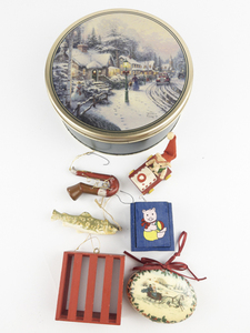 lot 113 image: Assortment of Wood  Christmas Ornaments and Dcor in a Christmas Themed Tin