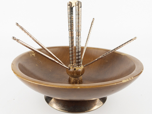 lot 133 image: VINTAGE Wood Nut Bowl with Copper Tone Base, Nutcracker and (4x) Picks