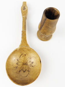lot 137 image: VINTAGE Decorative Folk Art Wood Spoon with Carved Caged Bead in Handle and Turned Wood Cup
