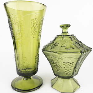 lot 140 image: Pair of Avocado Green Grape and Leaf Design Glassware COLONY Harvest Green 10 Vase and a ANCHOR HOCKING Candy Dish