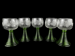 lot 141 image: Set of 5 Grape and Leaf Etched Roemer Wine Glasses