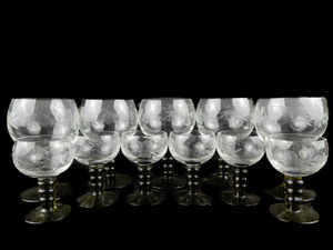lot 142 image: Set of Green Stemmed Glassware with Grape and Leaf Etched Design  (5x) Wine & (6x) Liquer Glasses