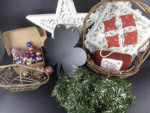 lot 152 image: Christmas Lot Decor -Sleigh Basket, Tinsel, Mini Ball Ornaments, Hanging Stars, X-Mas Pillows, & More