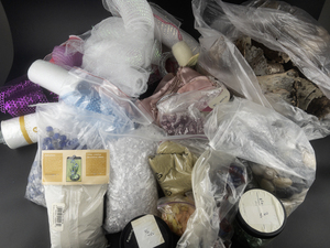 lot 155 image: Decor Lot -Birch Bark, Pebbles, Beads, Decorating Sand, Ribbon & More