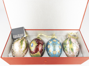 lot 121 image: Box Set of 4 JOAN RIVERS CLASSICS COLLECTION Christmas Egg Ornaments (On Hanging Cap - Three are date Dated 2009, one is date 2007)