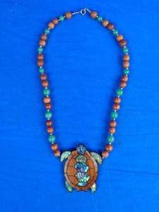 Vintage Lee Sands 2 Piece Sterling Silver Clasp Jade and Wood Turtle Mother of Pearl Inlay Necklace&nbsp