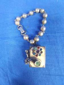 Vintage Pearl Bead and Gold Tone Bracelet with Telephone Charm