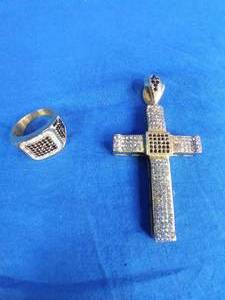 New Goldtone Stainless Steel Crystal Cross Pendant and Ring Set. Size 13.5