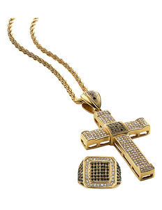 New Goldtone Stainless Steel Crystal Cross Pendant and Ring Set. Size 12