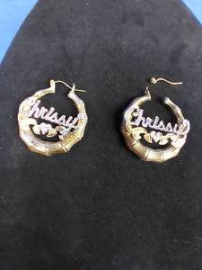 18K Gold and Rhodium Over Sterling Silver Personalized Chrissy Bamboo-Design Hoop Earrings