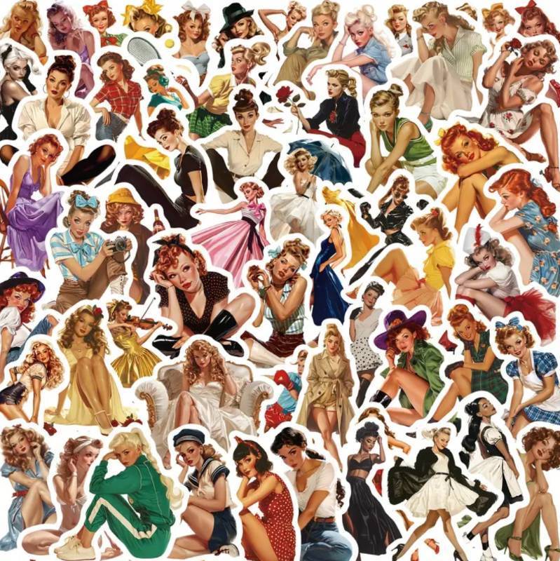 lot 41G image: 60 New Retro Lady Vintage Beauty Stickers N