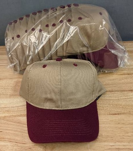 lot 14C image: 12 Brand New Advantage Series Ltd. Khaki and Maroon Cotton Snap Back Hats OSFM A