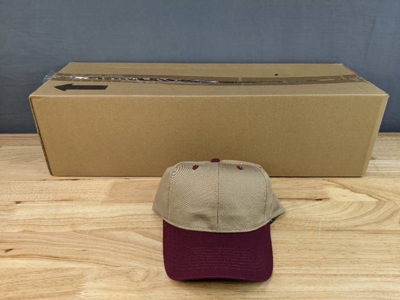 lot 46D image: 48 Brand New Advantage Series Ltd. Khaki and Maroon Cotton Snap Back Hats OSFM A
