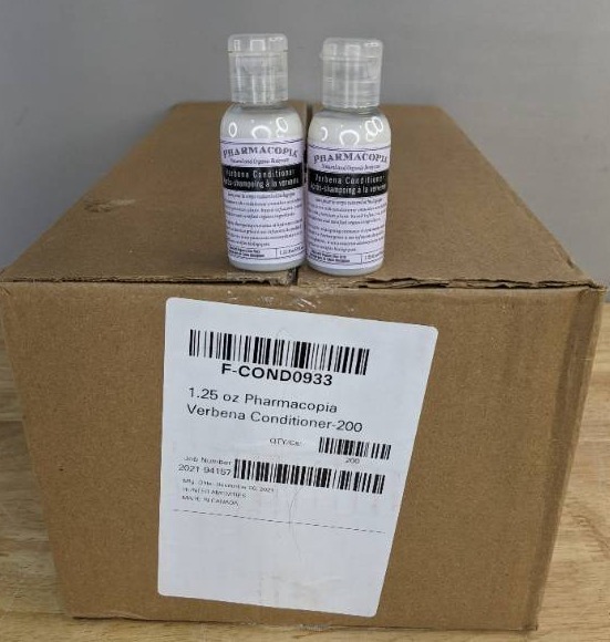 lot 120A image: Brand New Case of 200 Bottles of Pharmacopia Verbena Conditioner 1.25 fl oz S