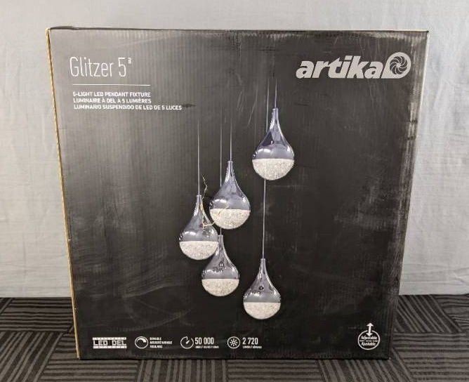 lot 13B image: Brand New Artika Glitzer 30-Watt 5 Light Black Modern Integrated LED Pendant Light Fixture for Dining Room or Kitchen $199.99 Retail I