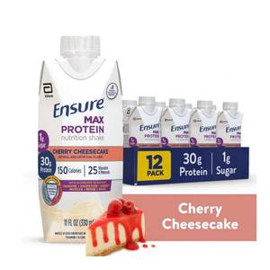 lot 157K image: New Case of 12 Ensure Max Protein Nutrition Shake with 30g of Protein 1g of Sugar, Cherry Cheese Cake 11 Fl. Oz. Best by 102024 $46.66 Retail N