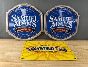 lot 67K image: 2 Samuel Adams Boston Lager Beer Tin Signs and The Original Twisted Tea Hard Ice Tea Metal Tin Sign N