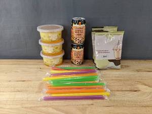 lot 91 image: Bubble Tea Items Pearl Juice Boba Pearls, Ocean Bomb Brown Sugar Bubble Milk Tea, Passion Fruit 3-in-1 Bubble Tea Powder and Straws N