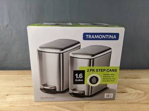 lot 80 image: New Tramontina 2 Pack 1.6 Gallon Step Trash Cans Stainless Steel X