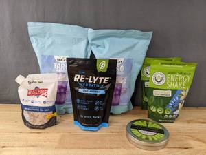 lot 105 image: New Health Food Drink Powders (Taro Powder, Energy Shakes, Re-Lyte), Coarse Sea Salt, and Margarita Salt B