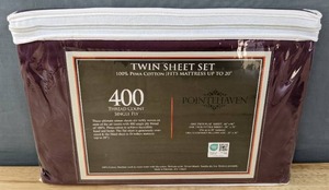 lot 97 image: Brand New Pointehaven Twin Sheet Set 400 Thread Count Plum S