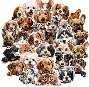 lot 90D image: 50 New Peeking Dog and Cat Stickers N