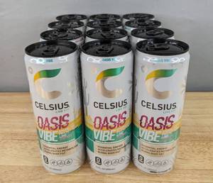 lot 60A image: 12 New Cans of Celsius Oasis Vibe Sparkling Prickly Pear Lime 12 oz Energy Drinks N