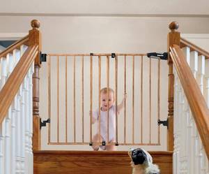 lot 44 image: Brand New Babelio 26-43 No-Bottom Bar Baby Gate (Brown Wood Pattern) $79.99 Retail B